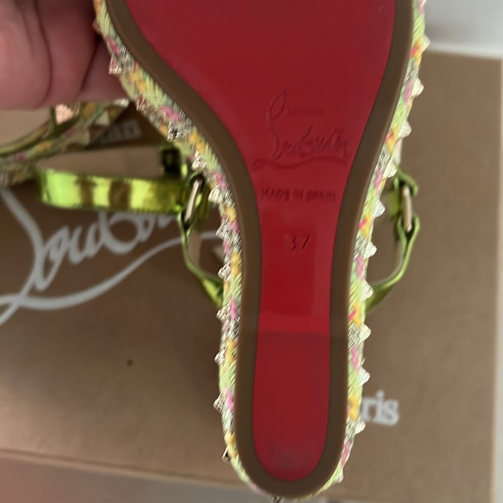 New Christian Louboutin Green Wedge Sandals Studded Italy Size 37 AUTHENTIC - Picture 7 of 11